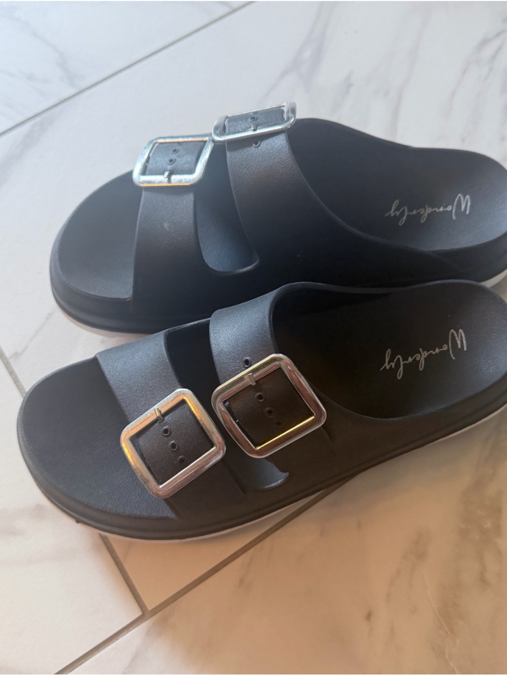 Wanderly Black Platform Sandals with Silver Buckles